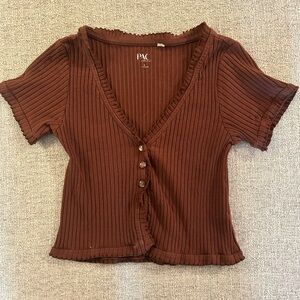 PacSun Brown Ribbed V-Neck Button Front Crop Top